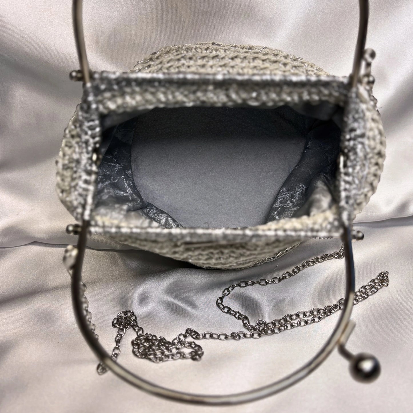 Inside a crochet bag over a bright background