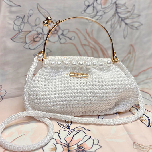 Crochet bridal purse, White and Gold, floral background